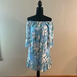 Elena Baldi Made In Italy Blue Floral Silk Blend Off Shoulder Dress, Size Small